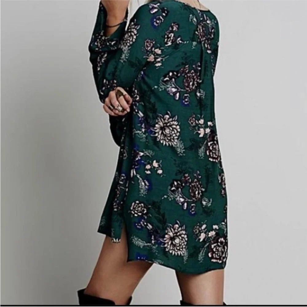 FREE PEOPLE Heartbeat Green Floral Bell Long Sleeve Tunic Mini Dress Oversize L